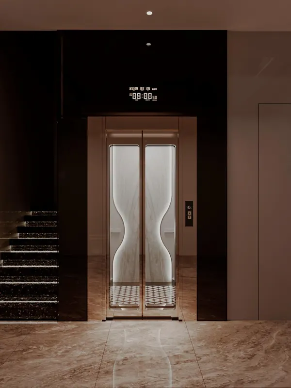 Phối cảnh cửa tầng inox vàng đồng với tấm đá vân trắng ở giữa