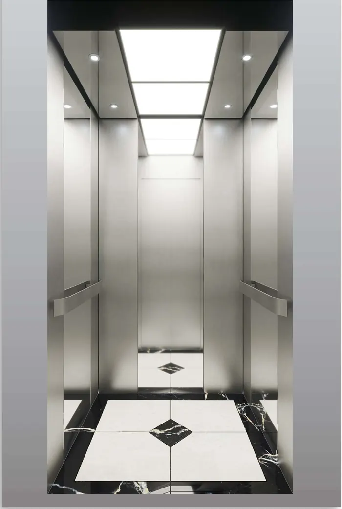 Cabin thang máy tiêu chuẩn vách inox sọc nhuyễn, tay vịn inox
